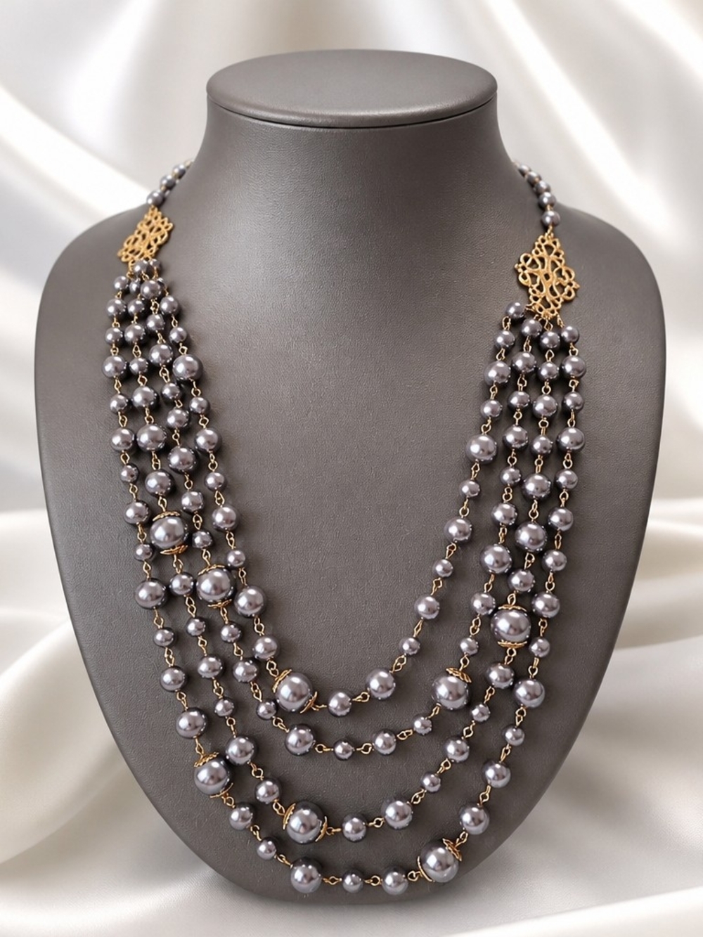 Multi-Strand Gray Pearl Statement Necklace with Gold Accents